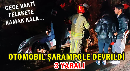 GECE VAKTİ FELAKETE RAMAK KALA... </br>OTOMOBİL ŞARAMPOLE DEVRİLDİ </br>3 YARALI